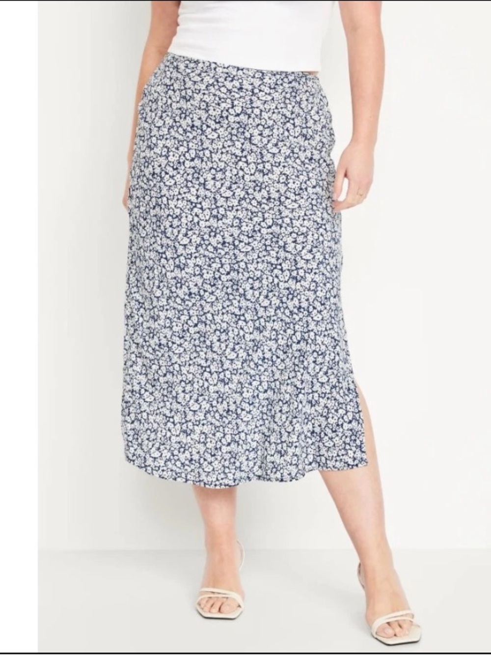Old Navy Floral Midi Skirt with Slit- Navy & White; Small, Stretchy Waist Band